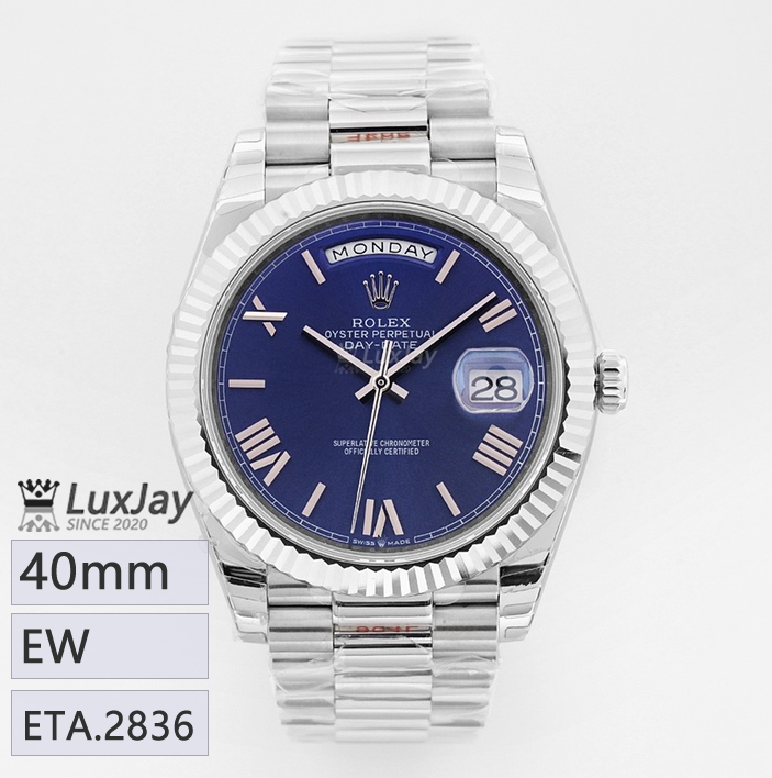 EW E2836 40mm 롤렉스 데이데이트 40 Rolex Day-Date 40 Blue Roman Dial Fluted Bezel White Gold228239