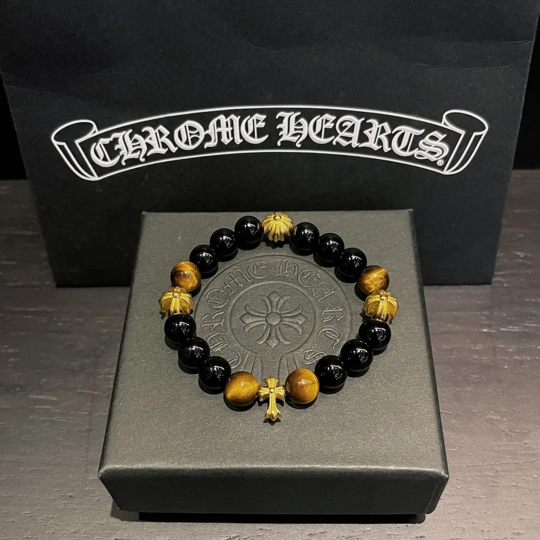 Chrome Hearts 925 실버 크로스 블랙 오닉스 앰버 비드 팔찌｜8mm