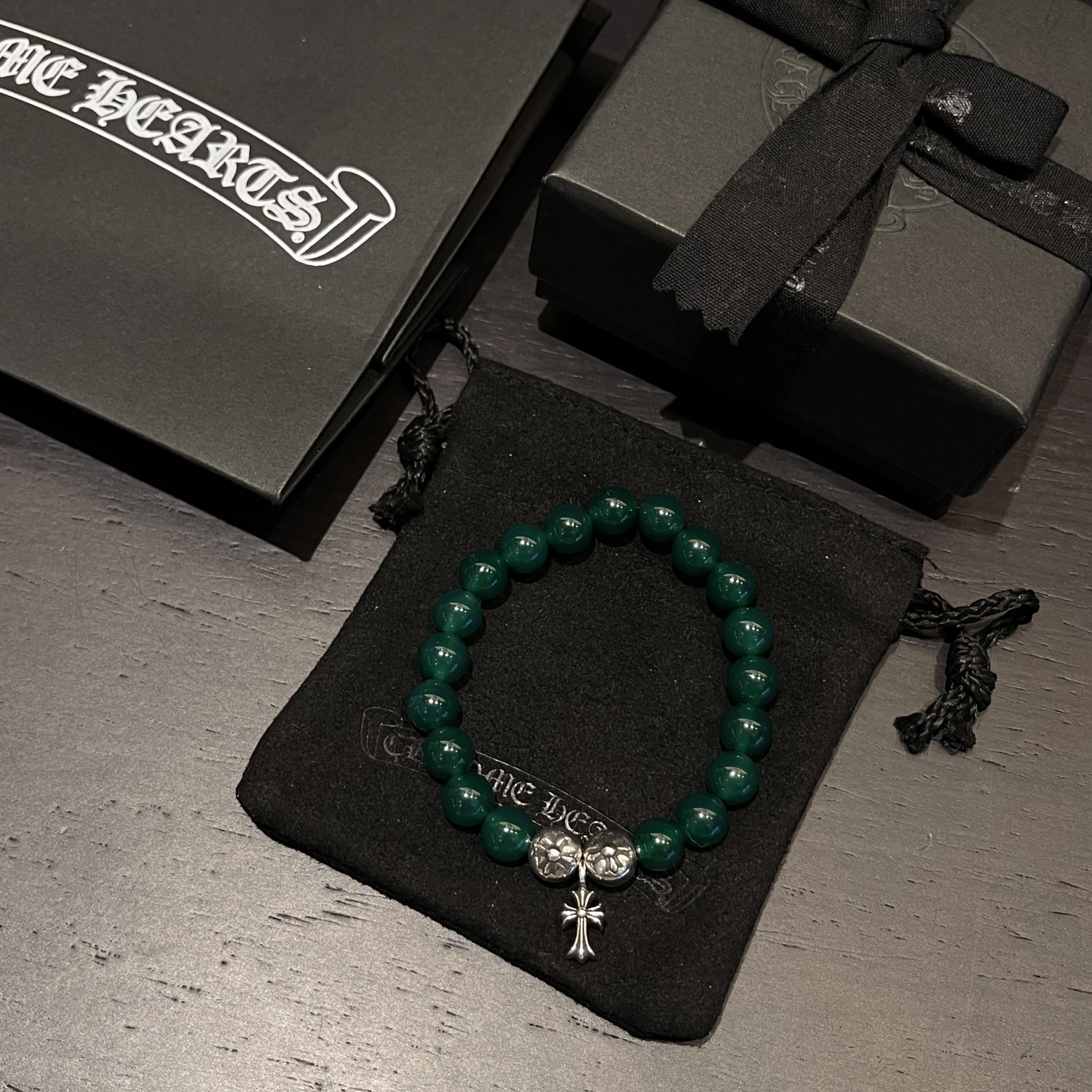 Chrome Hearts 925 실버 그린 애게이트 비드 팔찌｜8mm